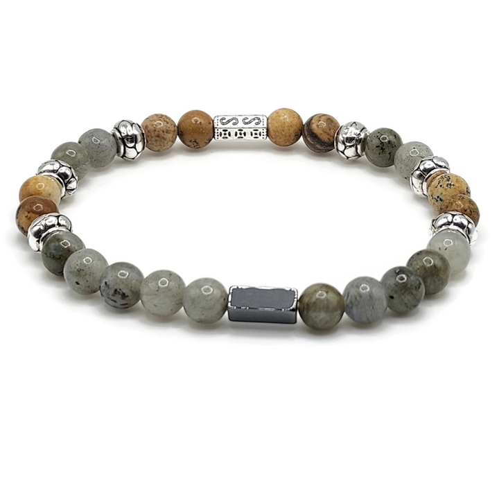 labradorite, picture jasper, hematite bracelet with 6 mm gemstone beads and silver accents.