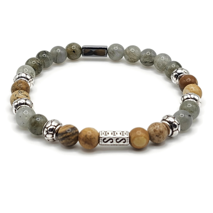 labradorite, picture jasper, hematite bracelet with 6 mm gemstone beads and silver accents.