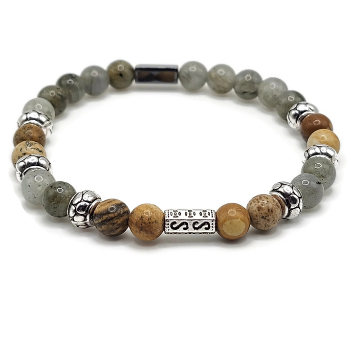 labradorite, picture jasper, hematite bracelet with 6 mm gemstone beads and silver accents.
