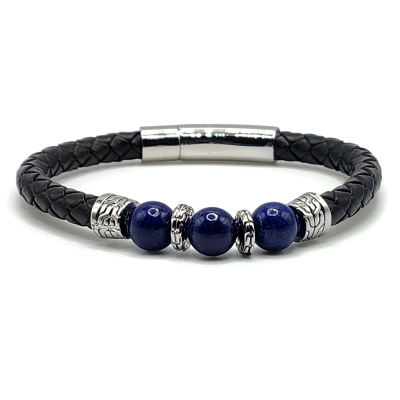 Lapis Lazuli bracelet features a stainless steel clasp, silver accents, and black braided leather.