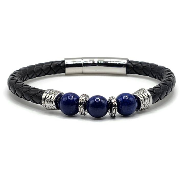 Lapis Lazuli bracelet features a stainless steel clasp, silver accents, and black braided leather.