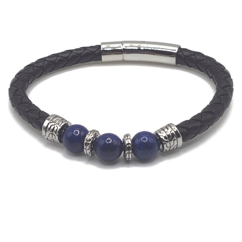 Lapis Lazuli bracelet features a stainless steel clasp, silver accents, and black braided leather.