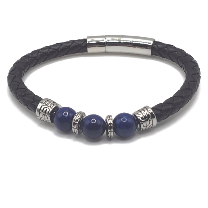Lapis Lazuli bracelet features a stainless steel clasp, silver accents, and black braided leather.