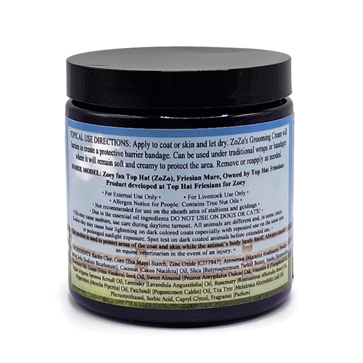ZoZo's Grooming Cream 10 oz jar side view with instructions, ingredients, and warnings.