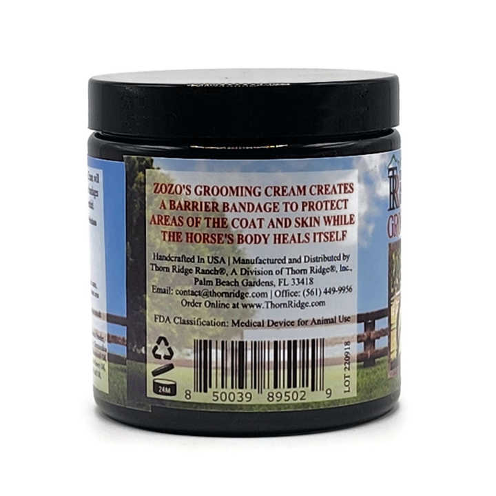 ZoZo's Grooming Cream 10 oz jar side view with manufacturer's information and bar code. 