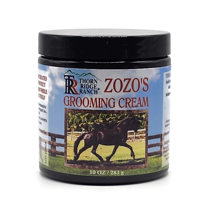 ZoZo's Grooming Cream 10 oz jar with Zoey, a Friesian Mare, on the front.