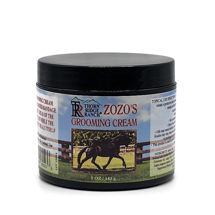 ZoZo's Grooming Cream 5 oz jar with Zoey, a Friesian Mare, on the front.