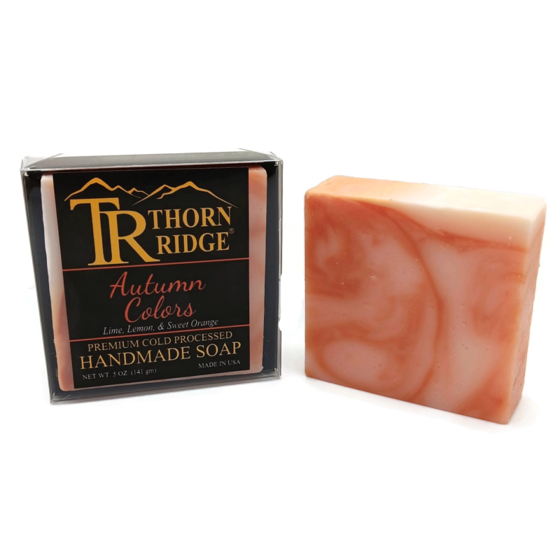 Packaging of Thorn Ridge soap labeled "Autumn Colors," described as lime, lemon, sweet orange, premium cold processed, handmade, 5 oz. Made in USA.