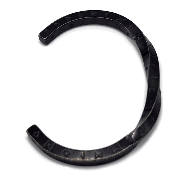 Black rune twist bracelet with engraved rune symbols. Stainless steel.