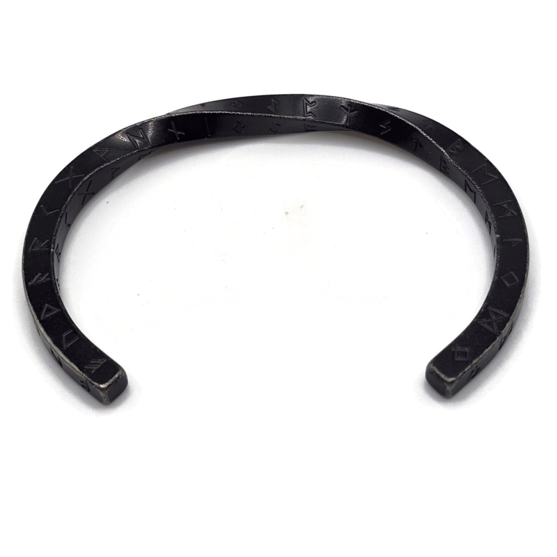 Black rune twist bracelet with engraved rune symbols. Stainless steel.