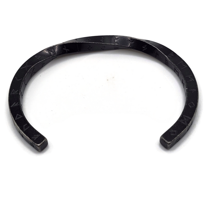 Black rune twist bracelet with engraved rune symbols. Stainless steel.