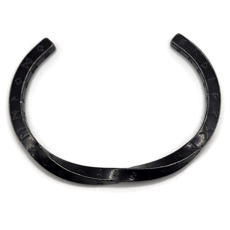 Black rune twist bracelet with engraved rune symbols. Stainless steel.