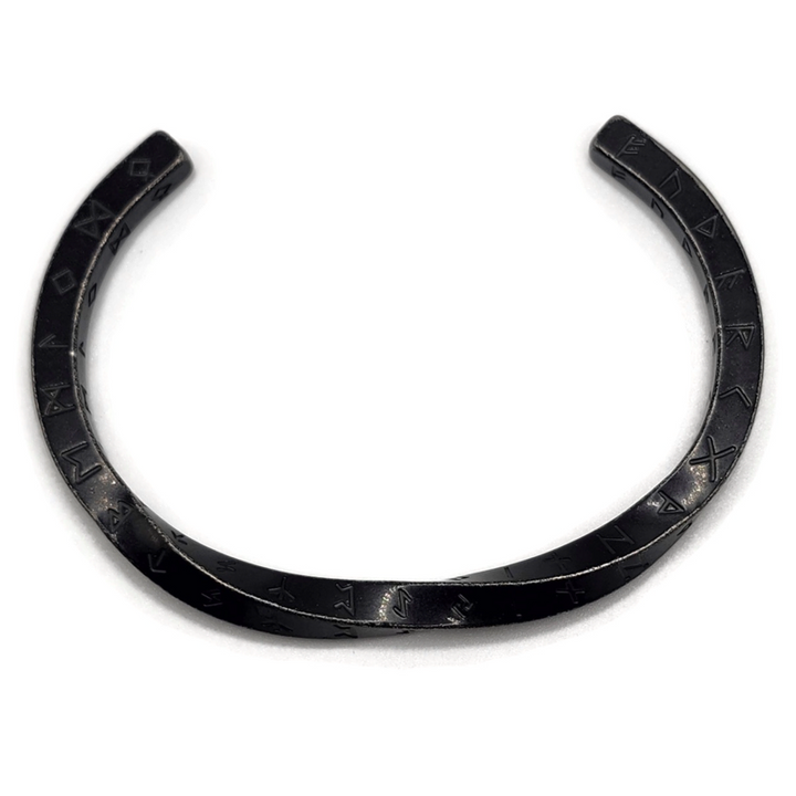 Black rune twist bracelet with engraved rune symbols. Stainless steel.