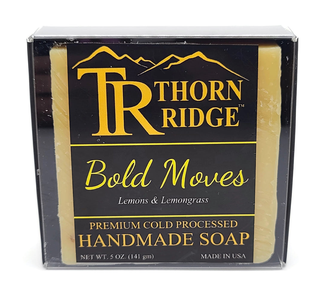 Packaging of Thorn Ridge soap labeled "Bold Moves," described as lemons and lemongrass, premium cold processed, handmade, 5 oz. Made in USA.