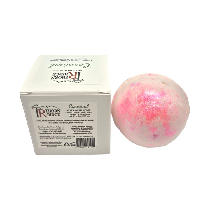 Carnival bath bomb back with box packaging.