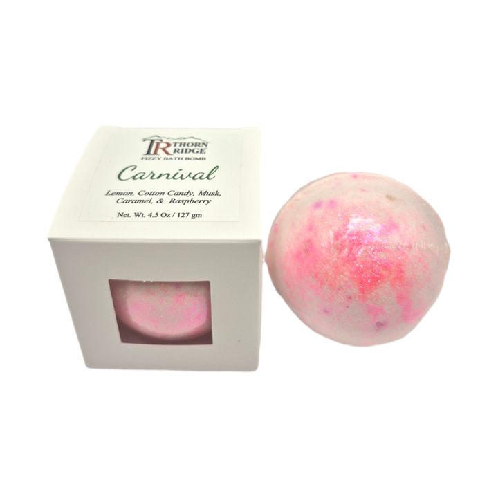 Carnival bath bomb front with box packaging.