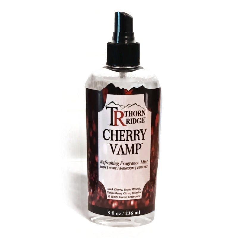 Packaging of Thorn Ridge refreshing fragrance mist labeled "Cherry Vamp," described as for body, home, bathroom, vehicles, 0.33 oz, 10 ml, Made in USA.