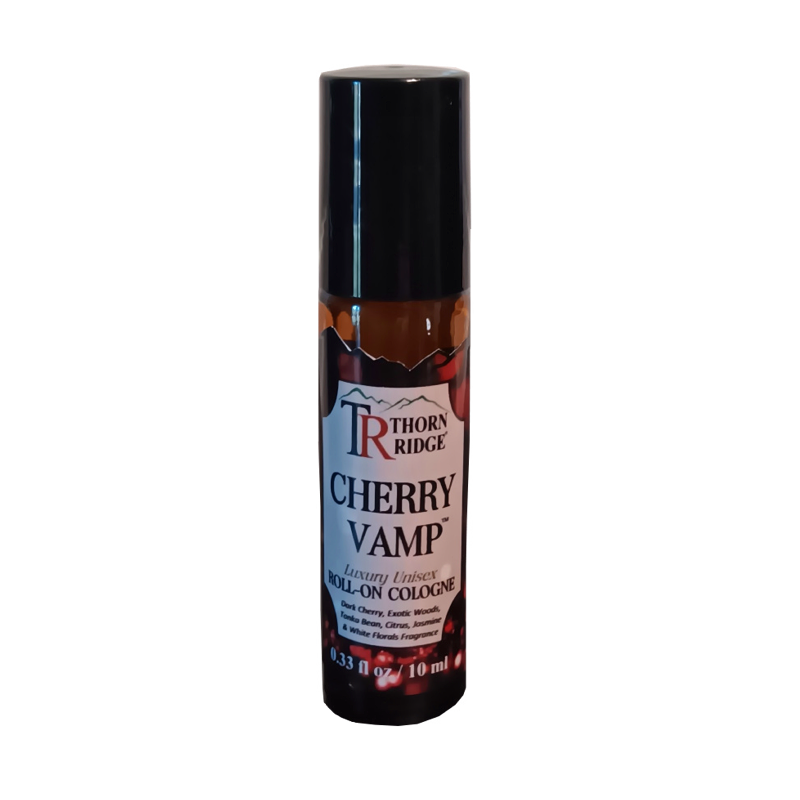 Packaging of Thorn Ridge roll on cologne labeled "Cherry Vamp," described as luxury unisex roll on cologne, 0.33 oz, 10 ml, Made in USA.