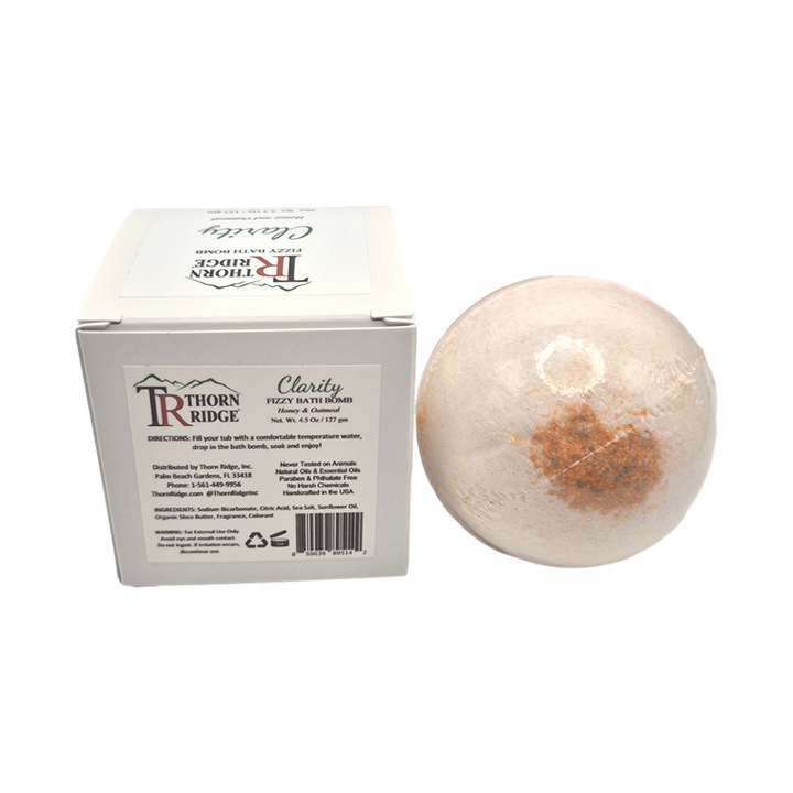 Clarity bath bomb back with box packaging.