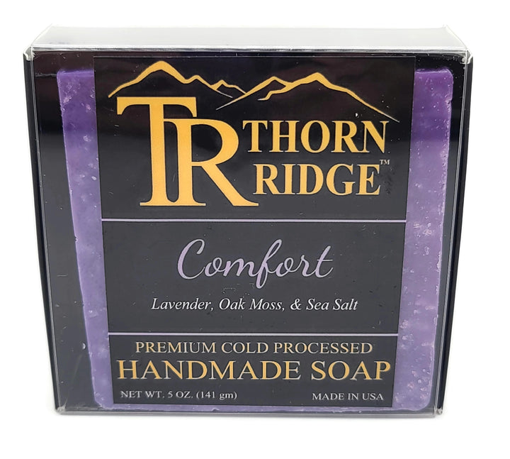 Packaging of Thorn Ridge soap labeled "Comfort," described as lavender, oak moss, sea salt, premium cold processed, handmade, 5 oz. Made in USA.