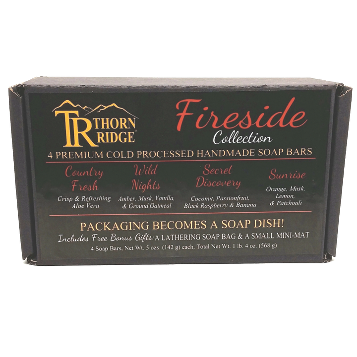 Packaging of Thorn Ridge soap gift set labeled "Fireside Collection," described as containing 4 individually packaged soaps, lathering soap bag, extra mini mat, premium cold processed, handmade, 5 oz each (1 lb 4 oz), Made in USA.