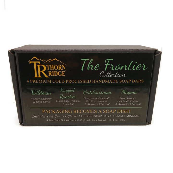 Packaging of Thorn Ridge soap gift set labeled "The Frontier Collection," described as containing 4 individually packaged soaps, lathering soap bag, extra mini mats, premium cold processed, handmade, 5 oz each (1 lb 4 oz), Made in USA.