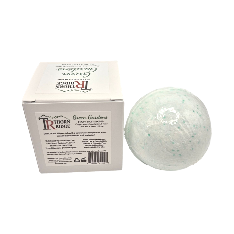 Green Gardens bath bomb back with box packaging.