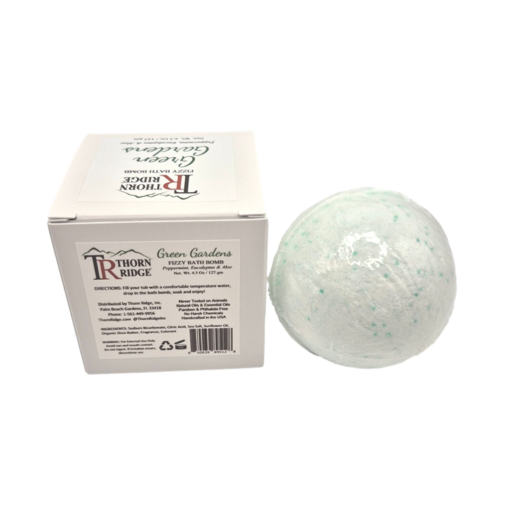 Green Gardens bath bomb back with box packaging.