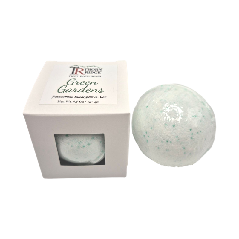Green Gardens bath bomb front with box packaging.
