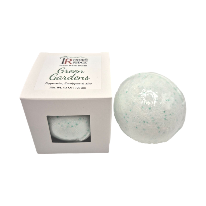 Green Gardens bath bomb front with box packaging.