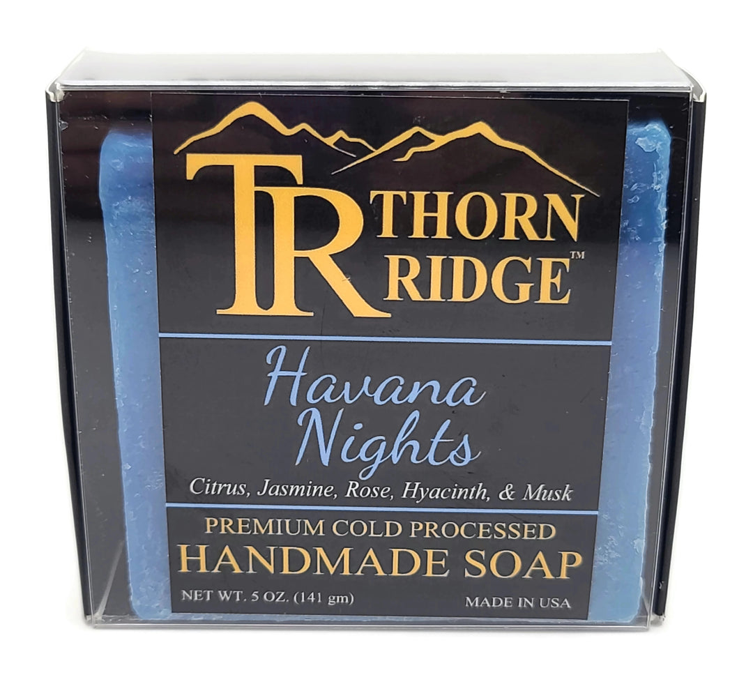 Packaging of Thorn Ridge soap labeled "Havana Nights," described as citrus, jasmine, rose, hyacinth, musk, premium cold processed, handmade, 5 oz. Made in USA.