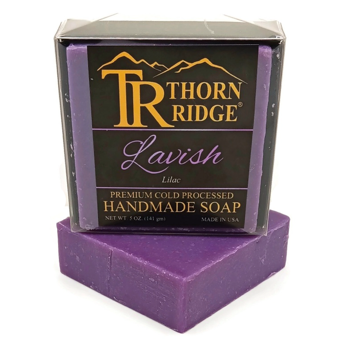 Packaging of Thorn Ridge soap labeled "Lavish," described as lilac, premium cold processed, handmade, 5 oz. Made in USA.