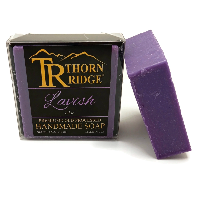 Packaging of Thorn Ridge soap labeled "Lavish," described as lilac, premium cold processed, handmade, 5 oz. Made in USA.