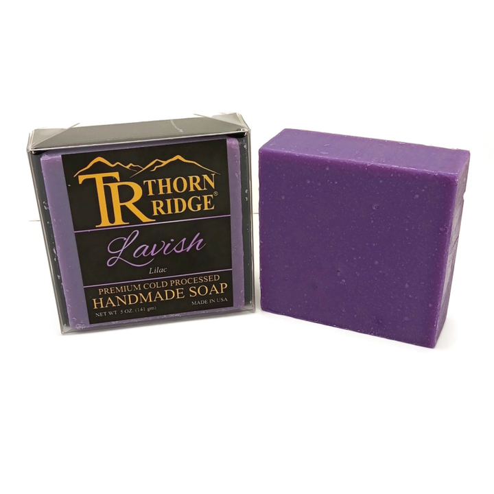 Packaging of Thorn Ridge soap labeled "Lavish," described as lilac, premium cold processed, handmade, 5 oz. Made in USA.