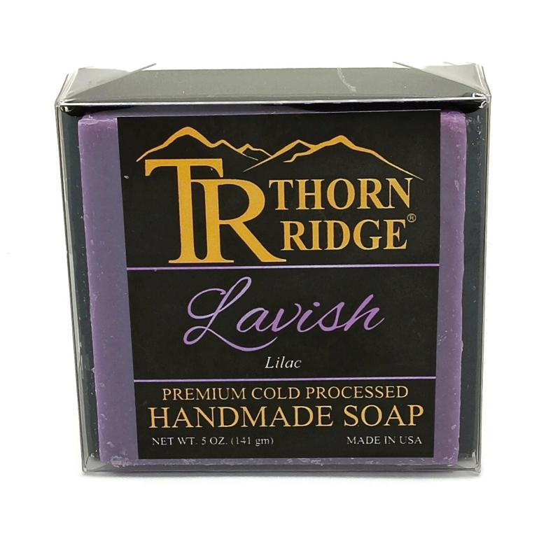 Packaging of Thorn Ridge soap labeled "Lavish," described as lilac, premium cold processed, handmade, 5 oz. Made in USA.