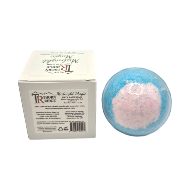 Midnight Magic bath bomb back with box packaging.