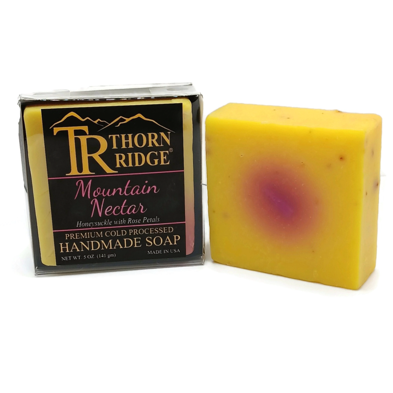 Packaging of Thorn Ridge soap labeled "Mountain Nectar," described as honeysuckle with rose petals, premium cold processed, handmade, 5 oz. Made in USA.