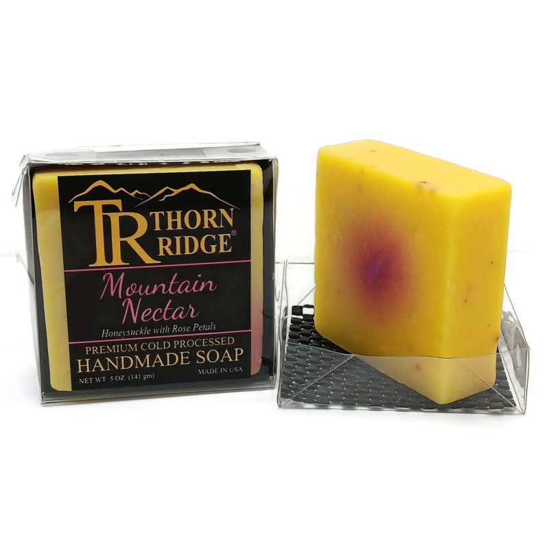 Packaging of Thorn Ridge soap labeled "Mountain Nectar," described as honeysuckle with rose petals, premium cold processed, handmade, 5 oz. Made in USA.