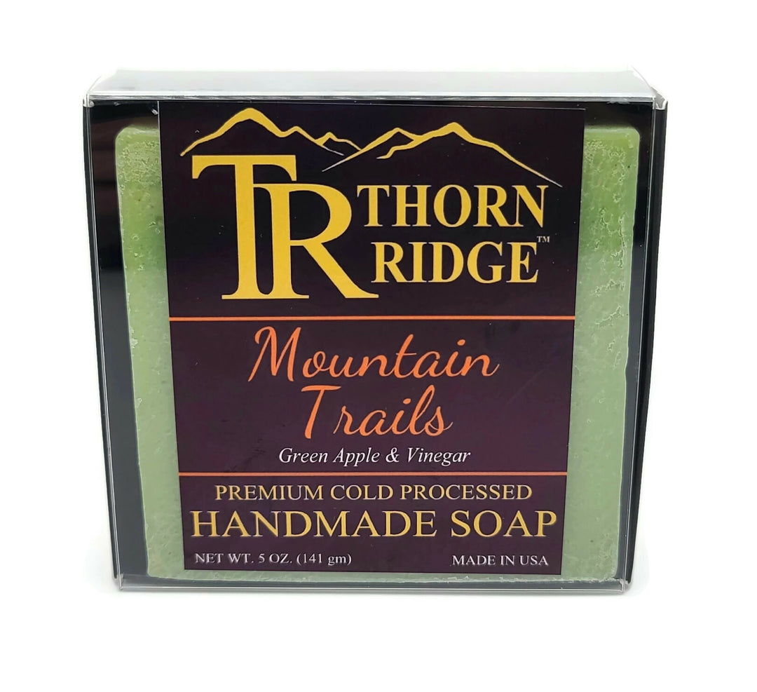 Packaging of Thorn Ridge soap labeled "Mountain Trails," described as green apple, vinegar, premium cold processed, handmade, 5 oz. Made in USA.