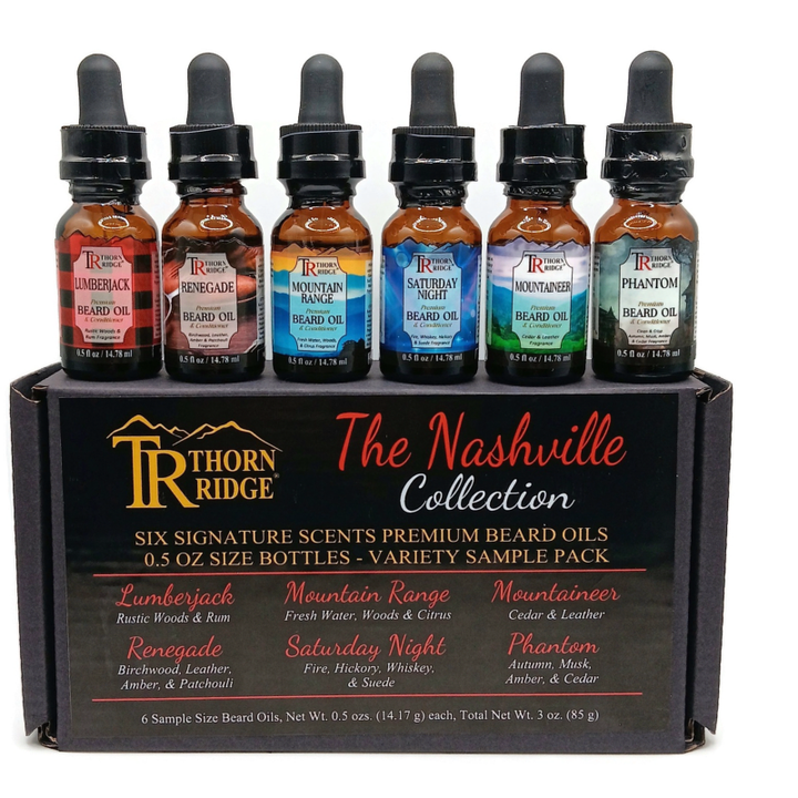 Packaging of Thorn Ridge beard oil gift set labeled "The Nashville Collection," described as six sample size signature scent beard oils, 0.5 oz each, net weight 3 oz. Made in USA.