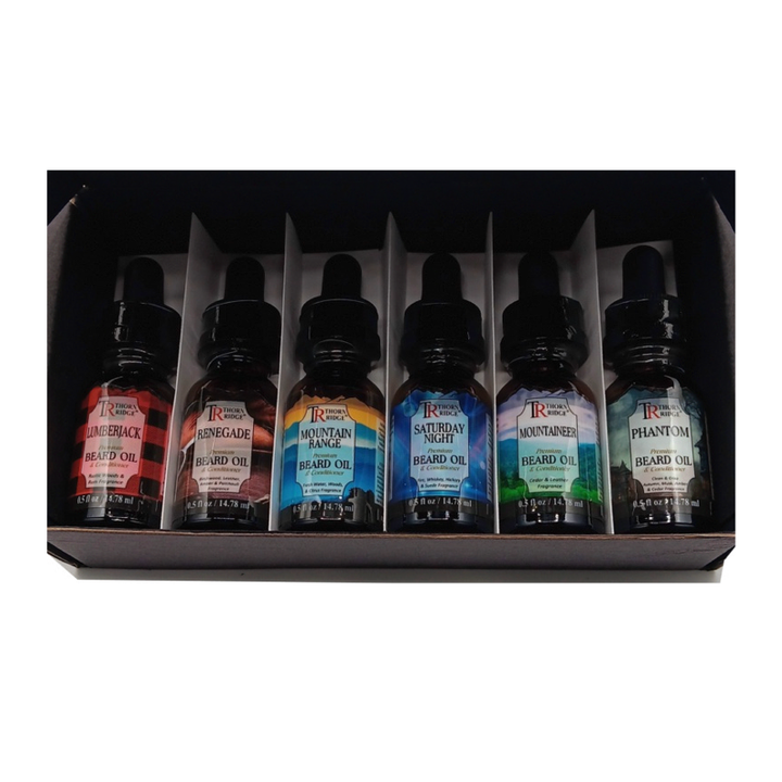 Packaging of Thorn Ridge beard oil gift set labeled "The Nashville Collection," described as six sample size signature scent beard oils, 0.5 oz each, net weight 3 oz. Made in USA.