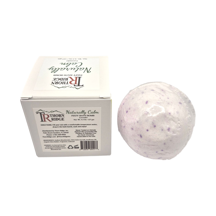Naturally Calm bath bomb back with box packaging.