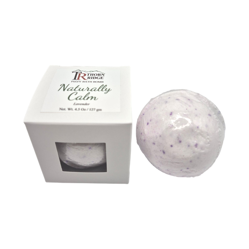Naturally Calm bath bomb front with box packaging.