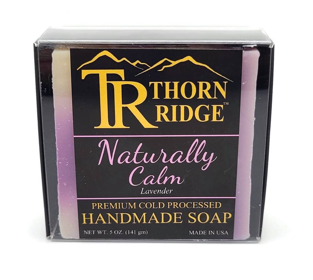 Packaging of Thorn Ridge soap labeled "Naturally Calm," described as lavender, premium cold processed, handmade, 5 oz. Made in USA.