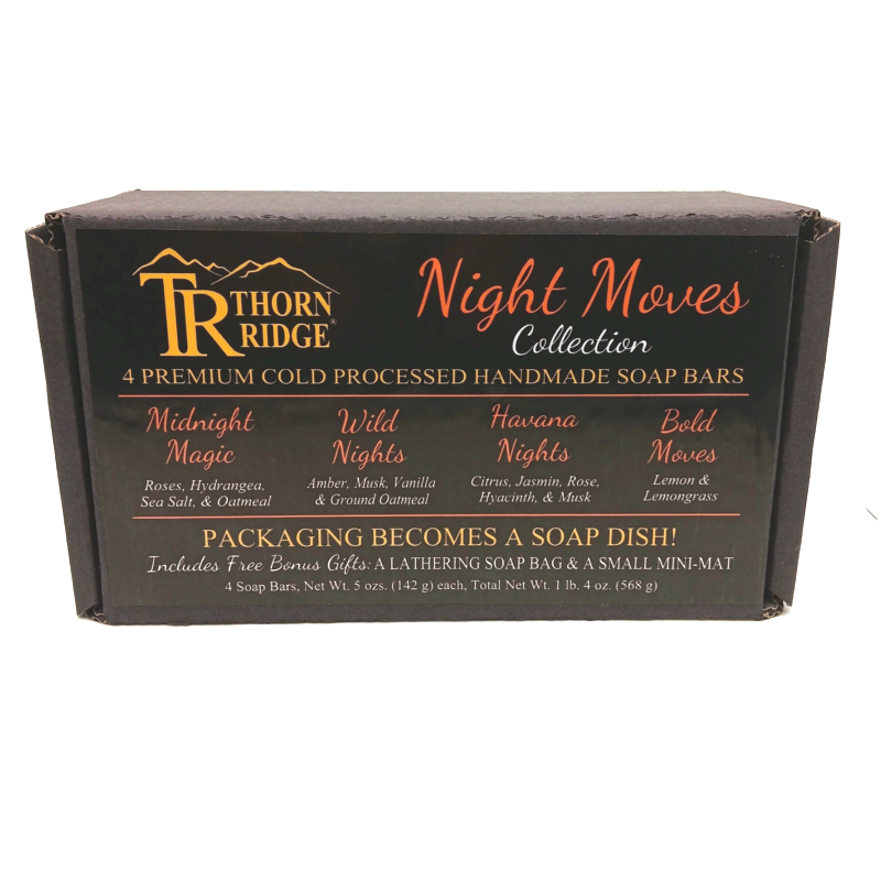 Packaging of Thorn Ridge soap gift set labeled "Night Moves Collection," described as containing 4 individually packaged soaps, lathering soap bag, extra mini mat, premium cold processed, handmade, 5 oz each (1 lb 4 oz), Made in USA.