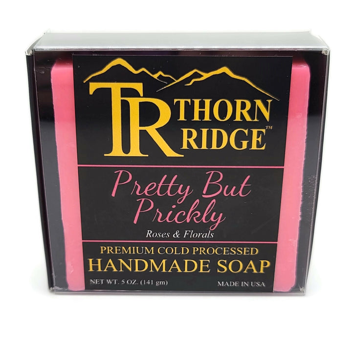 Packaging of Thorn Ridge soap labeled "Pretty But Prickly," described as roses and florals, premium cold processed, handmade, 5 oz. Made in USA.