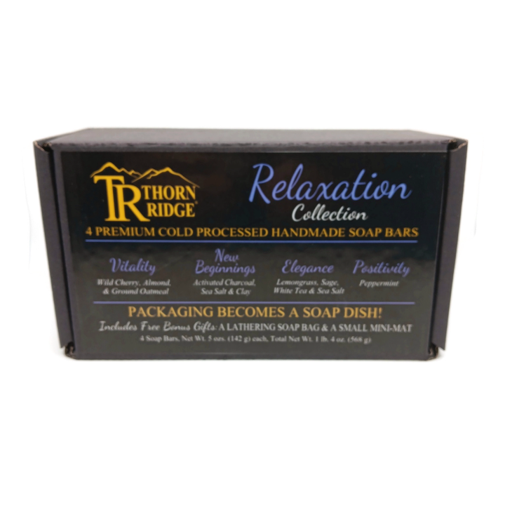 Packaging of Thorn Ridge soap gift set labeled "Relaxation Collection," described as containing 4 individually packaged soaps, lathering soap bag, extra mini mat, premium cold processed, handmade, 5 oz each (1 lb 4 oz), Made in USA.