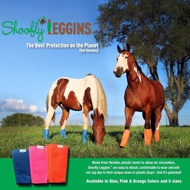 Shoofly leggins for horses ad with two horses