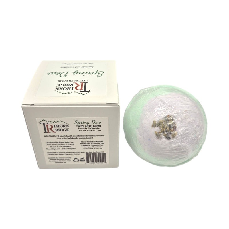 Spring Dew bath bomb back with box packaging.
