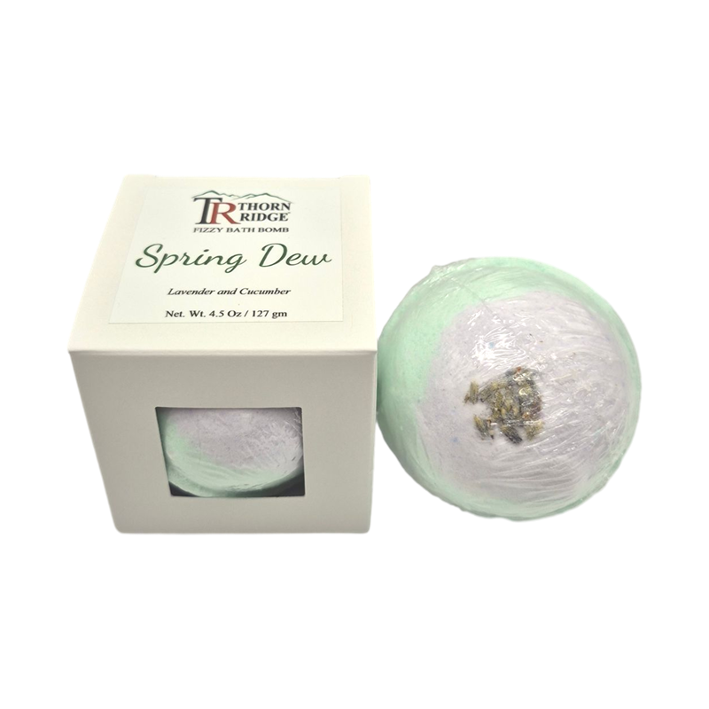 Spring Dew bath bomb front with box packaging.
